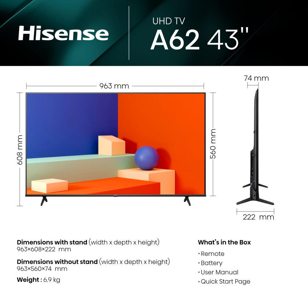 HISENSE LED 43" UHD 4K SMART VIDAA U6 RECEIVER BUILT IN-43A62KS - Image 2